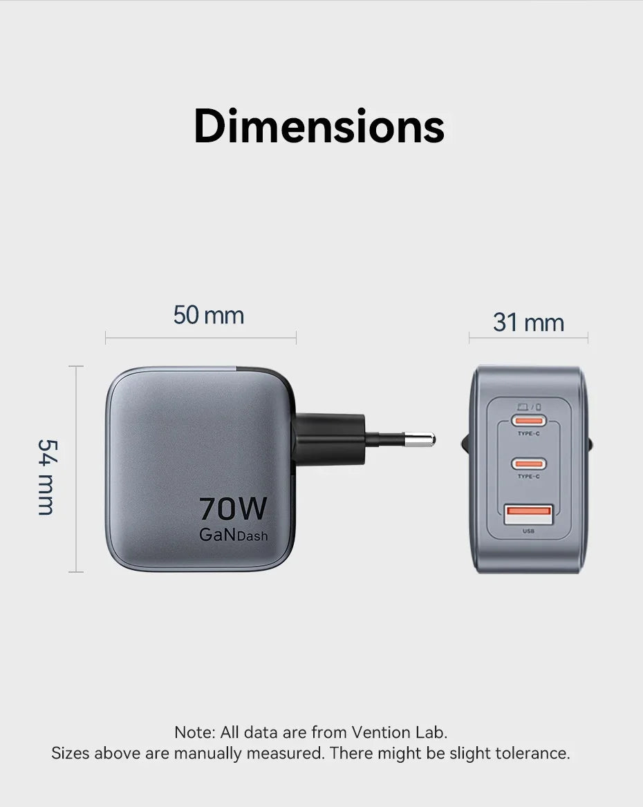 Vention 70W GaN Charger Type C Quick Charge 4.0 3.0 USB Charger For iPhone 16 15 14 Pro Macbook Air Laptop Tablet PD Fast Charge
