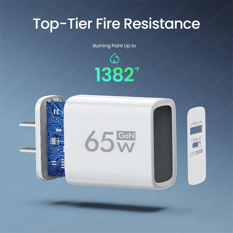 65W GaN USB Charger Type C Fast Charging Mobile Phone Charger Adapter For iPhone Xiaomi Samsung Huawei EU/US Plug Wall Charger