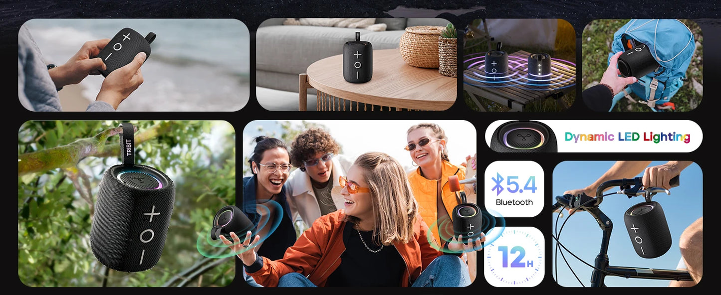 TRIBIT StormBox Mini Bluetooth Speaker, 12W 360° Sound With XBass, LEDs, 12 Hours playtimes, IPX7 Waterproof, For Hiking/Outdoor