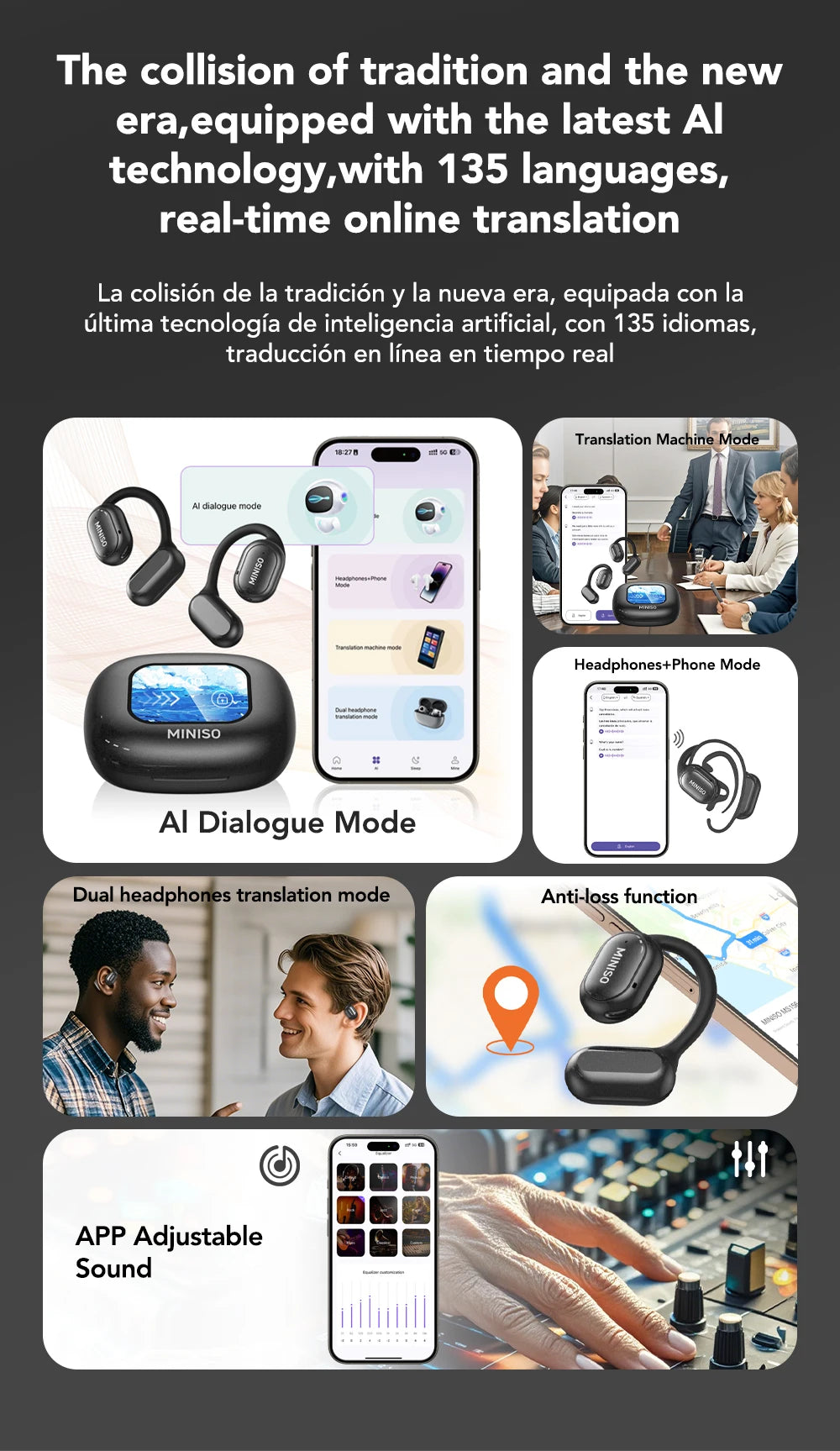 MINISO X30 Wireless Headphones Bluetooth Translation Earbuds Chat Headset Office Travel,real-time Translate Equalizer APP