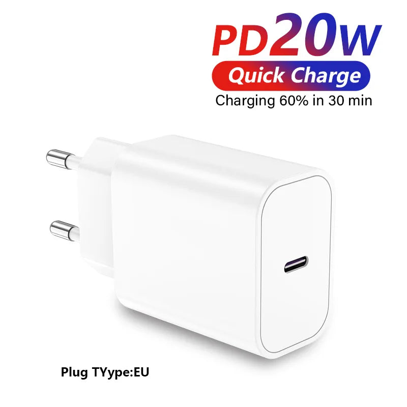 For Samsung Xiaomi Redmi Fast Charger EU 20w Wall USB Type C Cable For iPhone 17 16 15 Pro Max Plus iPad AirPods travel Plug us