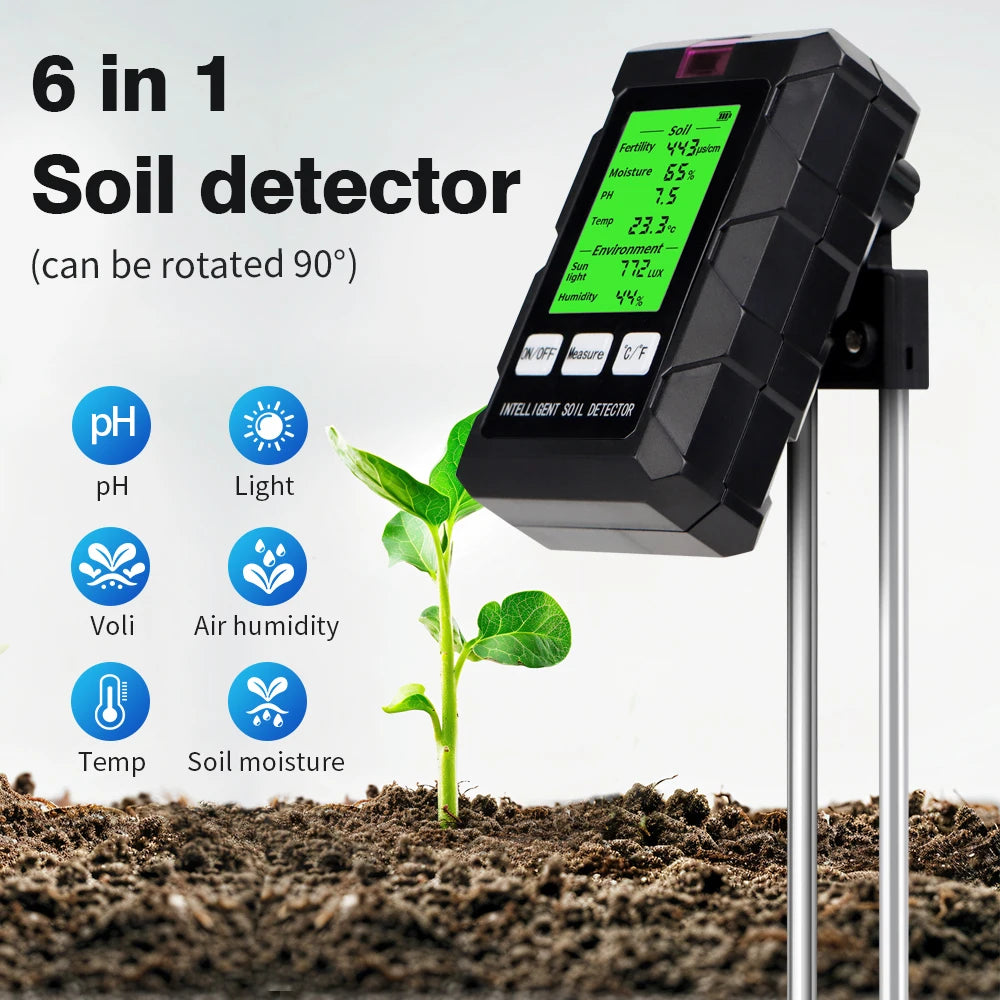 6 in 1 Soil PH Meter Sunlight Ambient Humidity Temp Soil Moisture Tester Nutrient Fertility Detector Garden Soli Analyzer