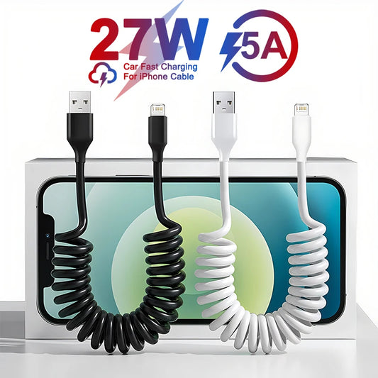 PD 27W Car USB Spring Stretch Cable For iPhone 13 12 11 14 Pro Max Phone Fast Charging Charger Cable X XR XS 7 8 Plus Data Cable