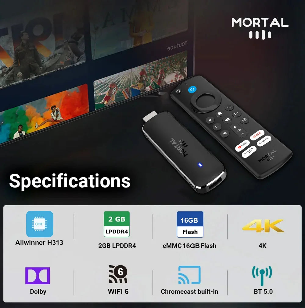 Factory Directly Android14 TV Stick Home theater Mortal Q8 Support 4K@60fps Video Wifi6 Allwinner H313 Quad Core Voice Remote