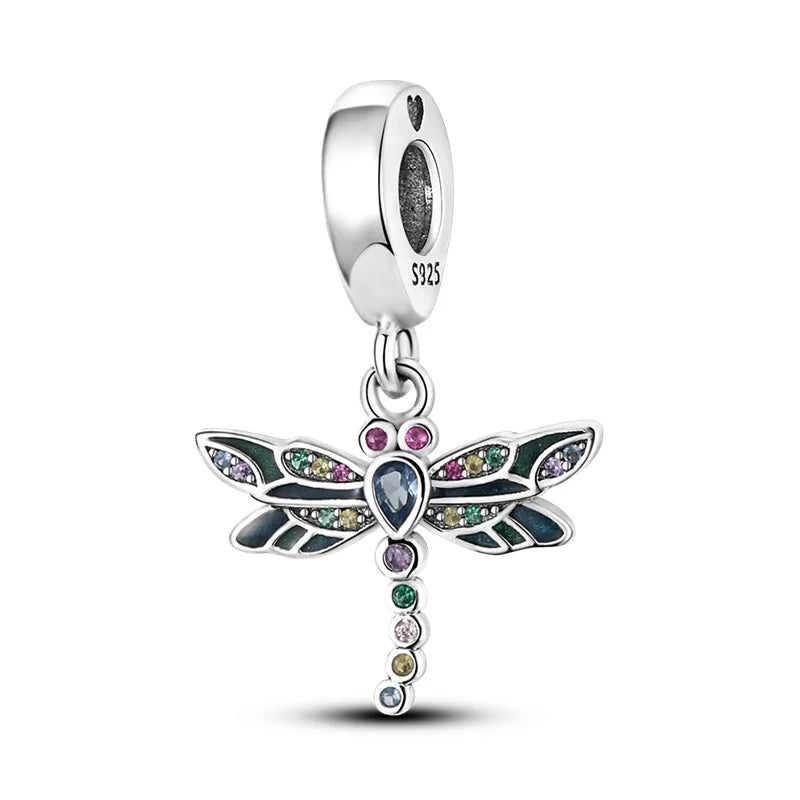 100% 925 Sterling Silver Exquisite Colored Dragonfly Charms Pendants Sparkling Zircon Fit Qikaola Original Bracelets DIY Jewelry