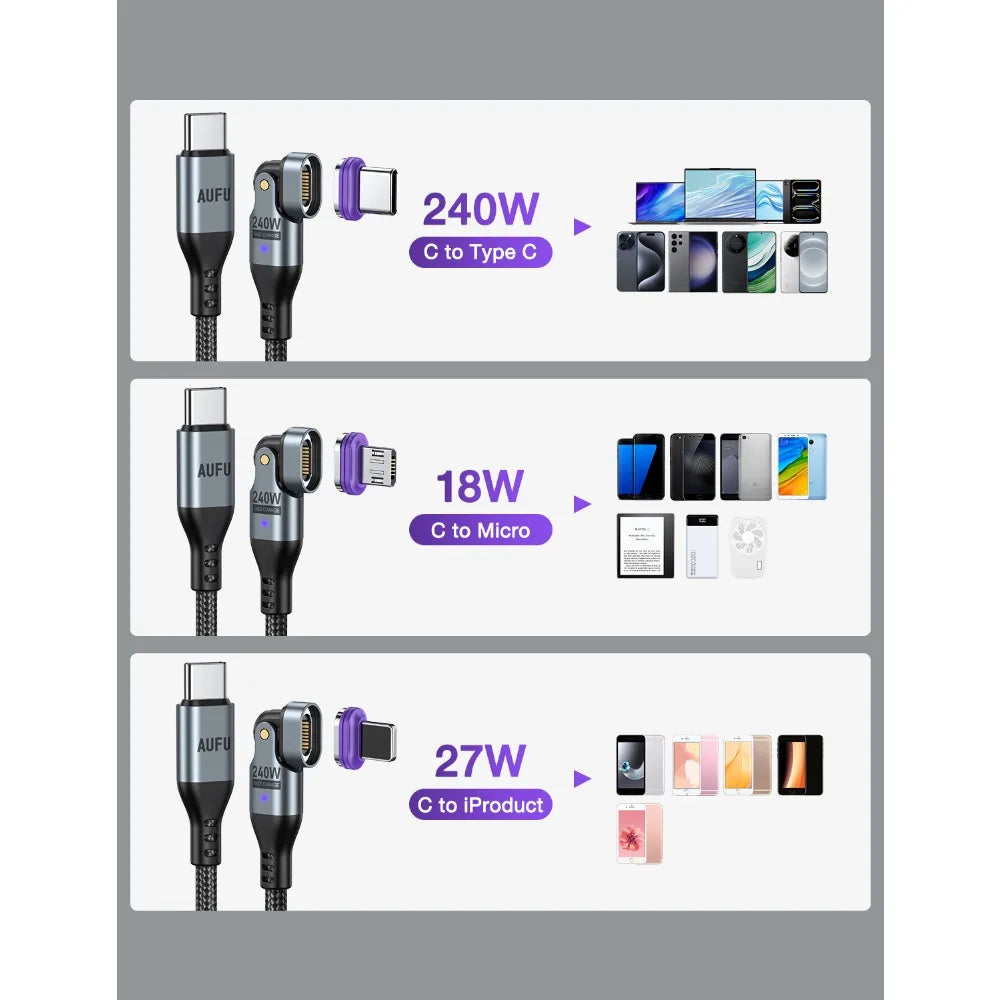 AUFU 16pin 180 Rotate Magnetic Cable 240W Fast Charging Micro USB Type C Cable For iPhone Xiaomi Samsung Magnet USB Phone Cable