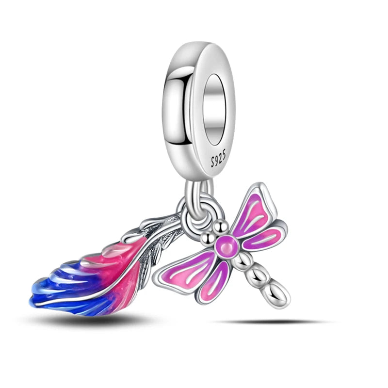 100% 925 Sterling Silver Exquisite Colored Dragonfly Charms Pendants Sparkling Zircon Fit Qikaola Original Bracelets DIY Jewelry