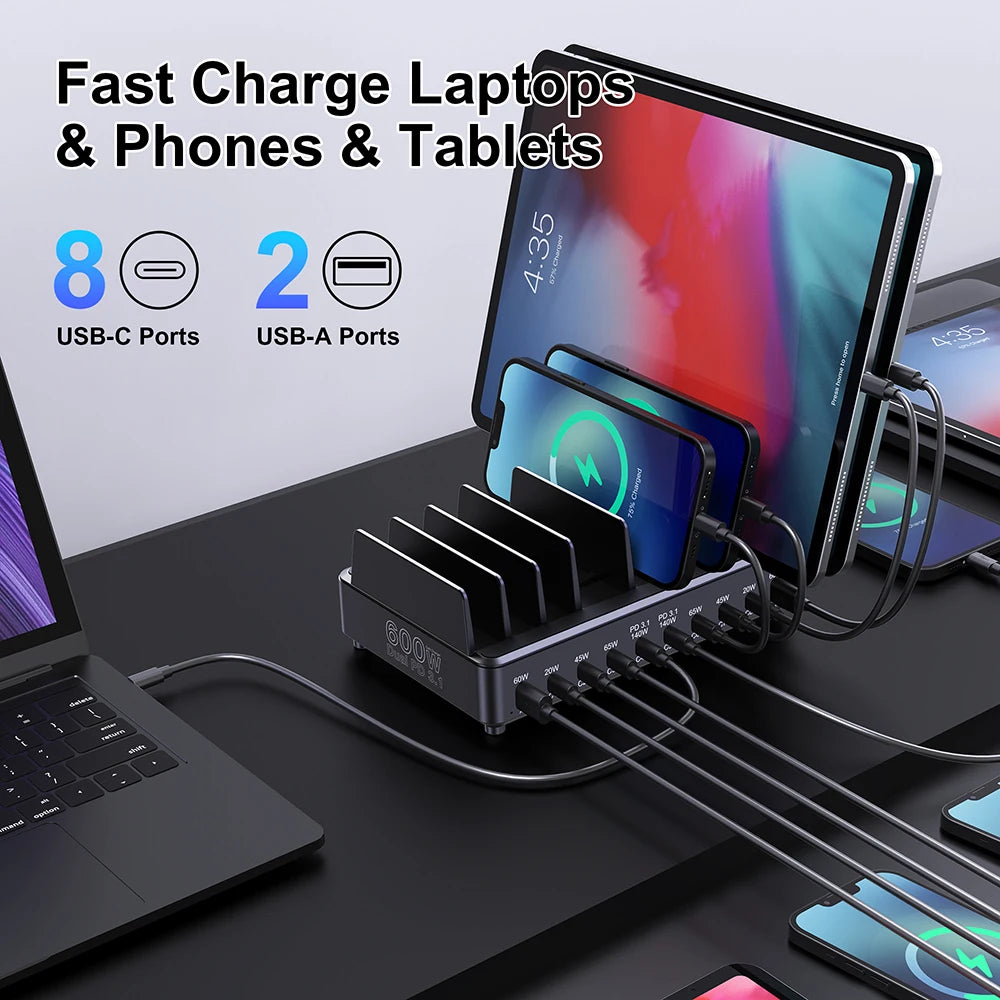 Ueetop 600W Multi USB Fast Charger 10-Port GaN PD 3.1 Charging Station Stand for MacBook iPhone 16 15 iPad Samsung Tablet Laptop