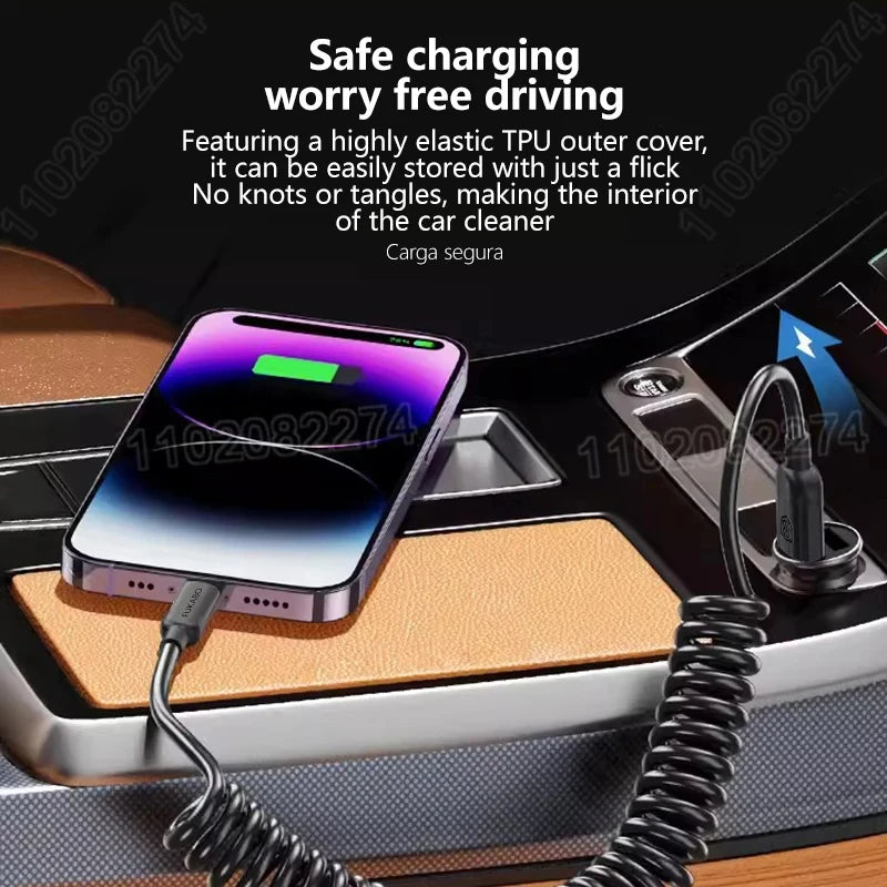 PD 27W Car USB Spring Stretch Cable For iPhone 13 12 11 14 Pro Max Phone Fast Charging Charger Cable X XR XS 7 8 Plus Data Cable