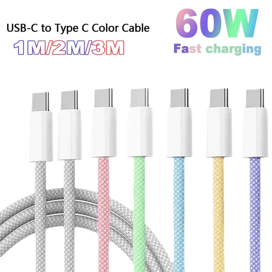 USB-C to Type C Color Cable For PD 60W Apple iPhone 15  Fast Charging For Samsung Huawei Xiaomi Type C Weaving Cable Accessories