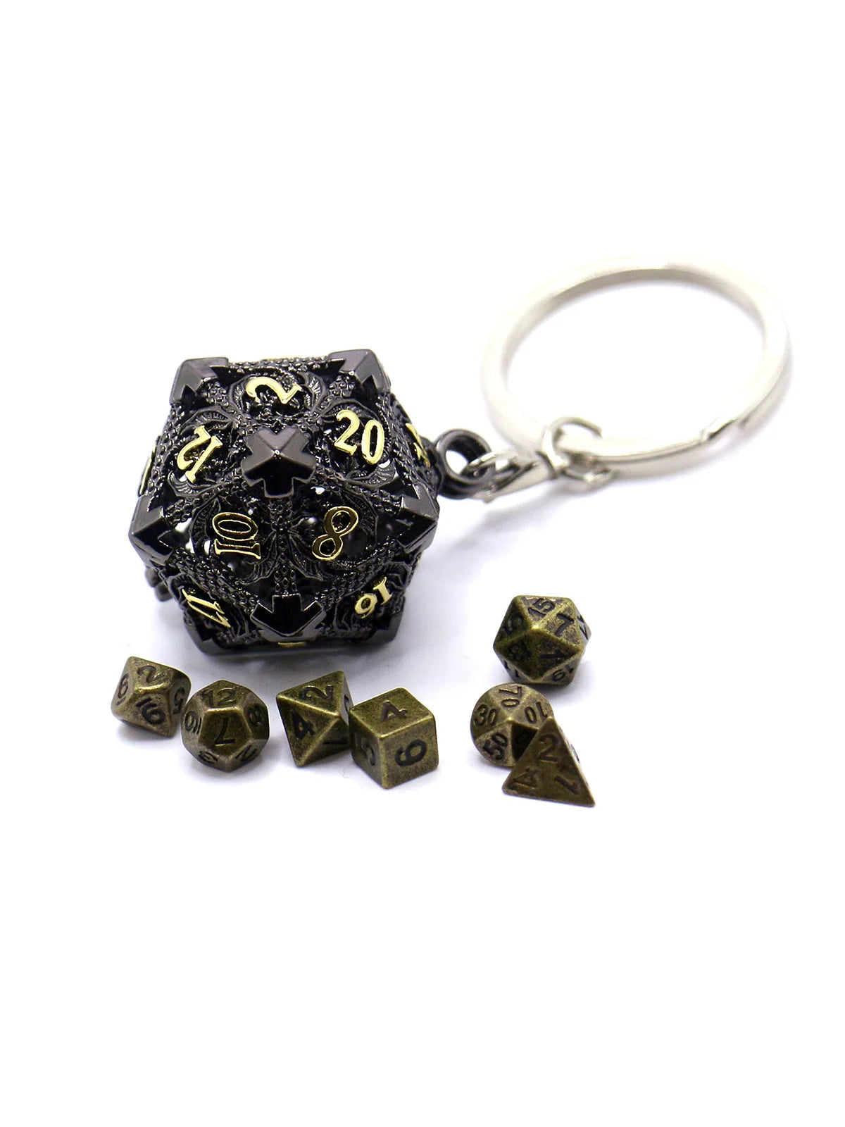D20 Metal Hollow Box+7pcs Metal Dice Set, Portable Board Game Dice Mini Kit, Darkness Bloodstains Style Dice Pendant
