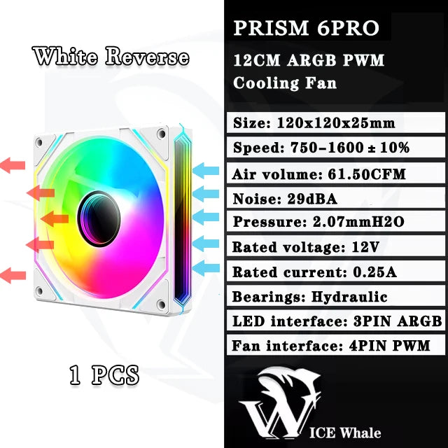 ICE Whale Prism 6PRO PC Case Fan 12cm 3-sided Infinite Mirror 5V 3PIN ARGB Motherboard Lighting Sync 4PIN PWM Silent Cooling Fan