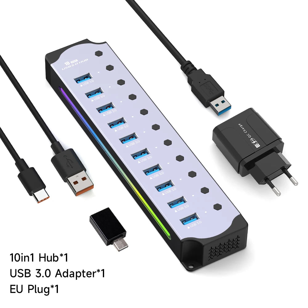 10 in 1 Powered USB HUB USB 3.0 Interface Individual Switch RGB E-Marker Heat Dissipation Design DC 5V Power Supply Adapter