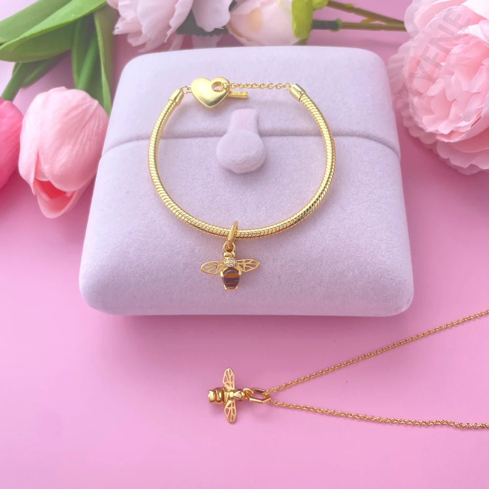 Sterling Silver 925 Gold Glow in The Dark Firefly Pendant Fit Bracelet Women DIY Pendant for Jewelry Making Gifts