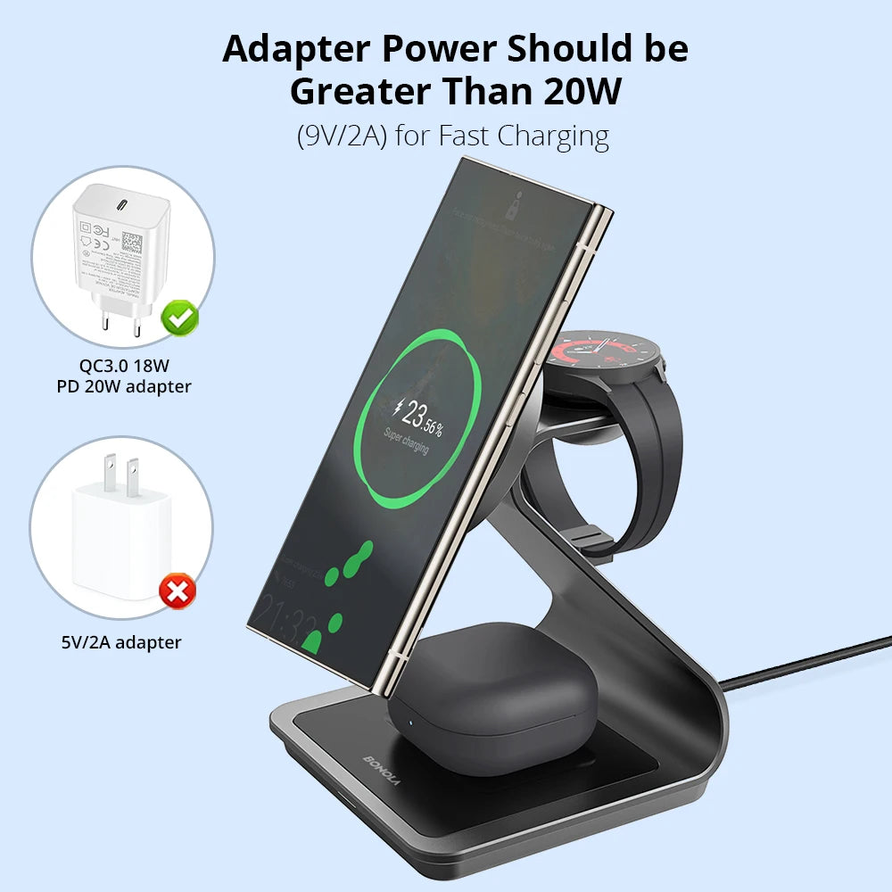 Bonola Magnetic 3 in 1 Wireless Charger Station for Samsung S24 Ultra/S25 25w Fast Charging Stand for Galaxy Watch 7/6/5/Earbuds