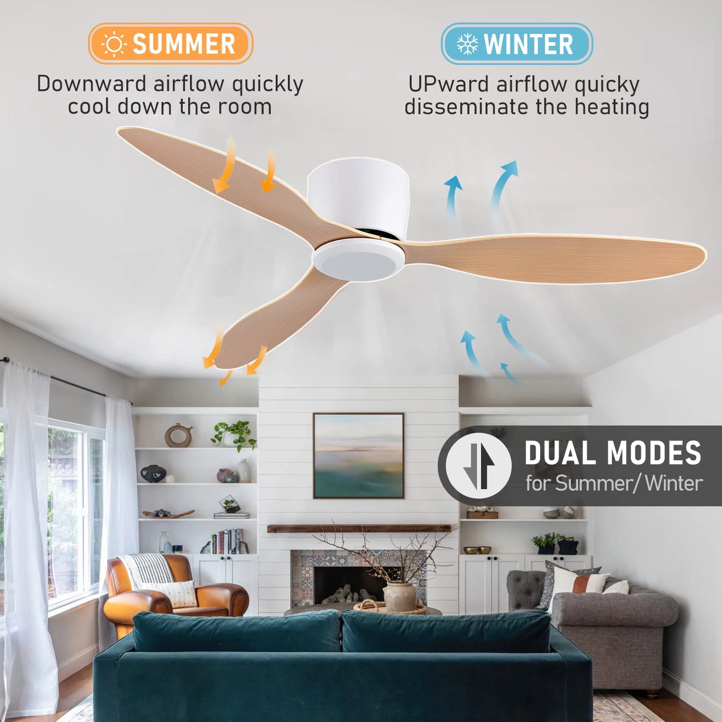 IRALAN 42inch/52inch Ceiling Fan without Light,6-Speed Reversible,Timer,Outdoor Bedroom Living Room-White/Black/Wood