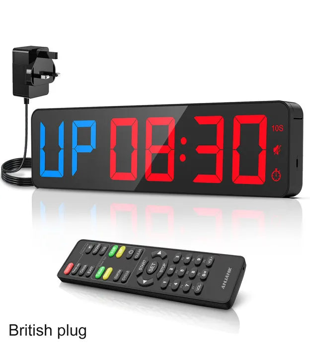 Gym Timer 15" Large LED Display Wall Clock,Interval Workout,Count Down & Up,Stopwatch, Adjustable Volume,Upgraded Remote