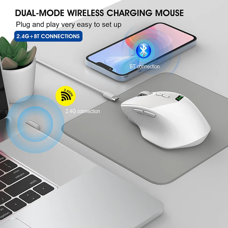 Noiseless Dual Mode Wireless Mouse Bluetooth 2.4G, Silent Click, DPI Adjustable, 500mA Battery, Display for PC Laptop Mac