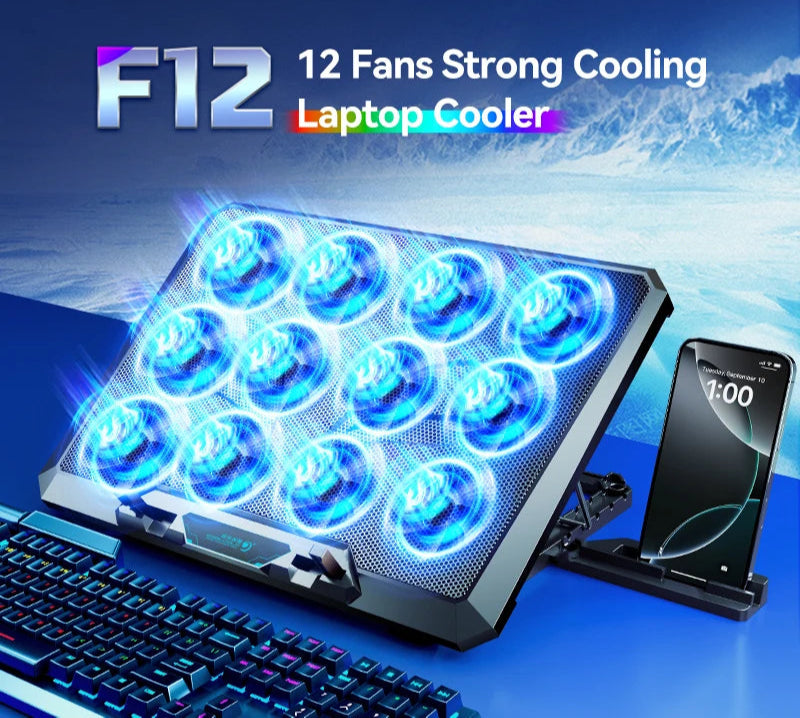 COOLCOLD Laptop Cooling Pad with 12 Quiet Fans,12-17.3 Inch Gaming Laptop Cooler Stand with Two USB Ports & Phone Holder