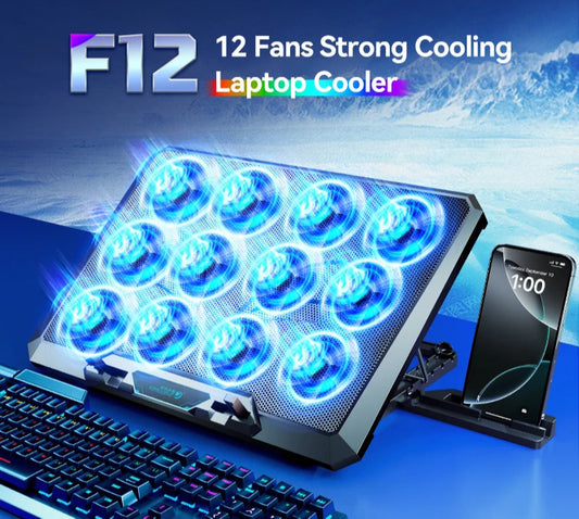 COOLCOLD Laptop Cooling Pad with 12 Quiet Fans,12-17.3 Inch Gaming Laptop Cooler Stand with Two USB Ports & Phone Holder