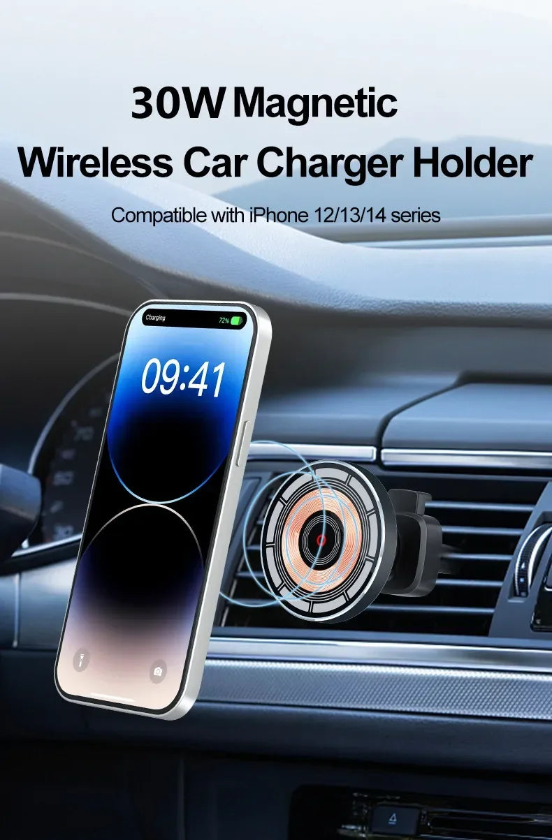 30W Car Magnetic Wireless Charger Phone Holder Stand for iPhone 15 14 13 12 Pro Max Samsung Car Mount Fast Charging Dock Station