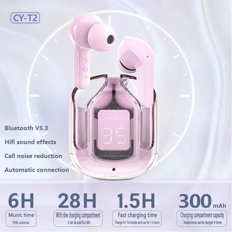 Wireless Earphones Transparent Bluetooth In Ear Headset ENC Sports Headphones LED Power Digital Display Stereo Sound Earbuds