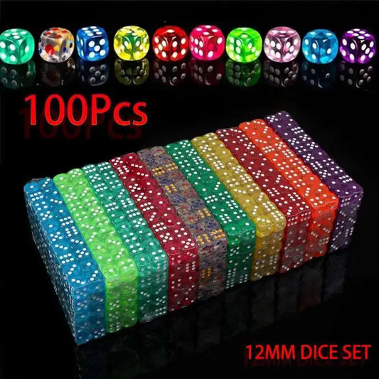 100PCS  D6 Dice 12mm 6 Sided Multicolor Transparent Color Acrylic Rounded Edges Dice For Table