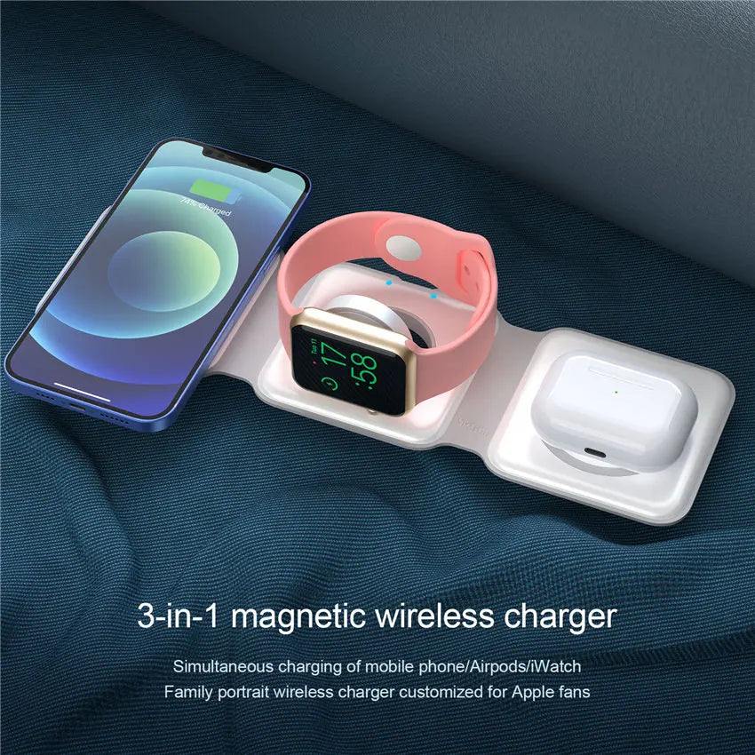 100W 3 in 1 Magnetic Portable Wireless Charger Pad for iPhone 14 13 12 XR Pro Max Apple Watch AirPods Fast Charging Dock Station