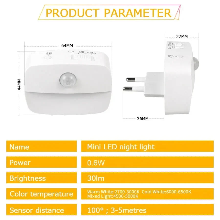 EU/US Plug LED Night Light Mini PIR Motion Sensor Lamp 3 Modes Bedside Light For Bedroom Hallway Stairs WC Bedside Night Lamp