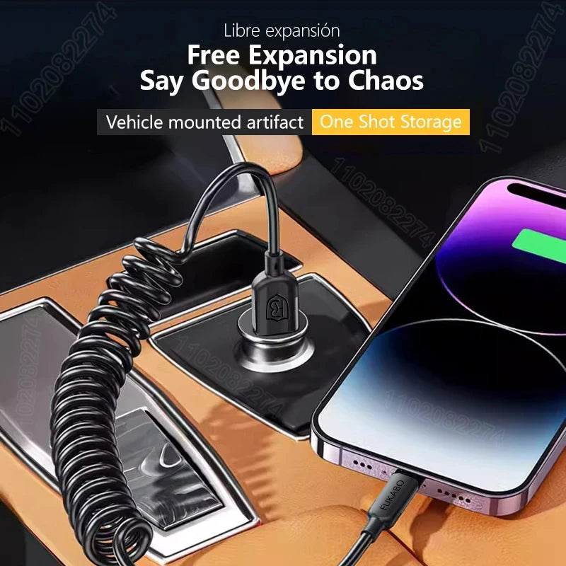 PD 27W Car USB Spring Stretch Cable For iPhone 13 12 11 14 Pro Max Phone Fast Charging Charger Cable X XR XS 7 8 Plus Data Cable