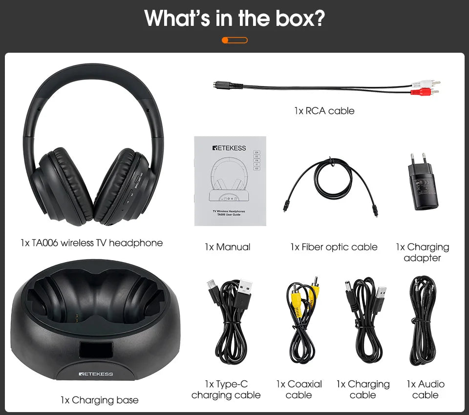 RETEKESS TA006 Wireless Headphone TV Watching Rechargeable Wireless Earphone with Transmitter Support Coaxial Fiber 3.5 AUX RCA