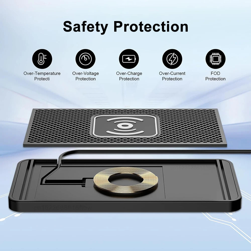 Wireless Car Charger Silicone Non-Slip Pad for Samsung S24 S23 iPhone 16 15 14 Xiaomi Car Induction Charger Fast Charging Pad