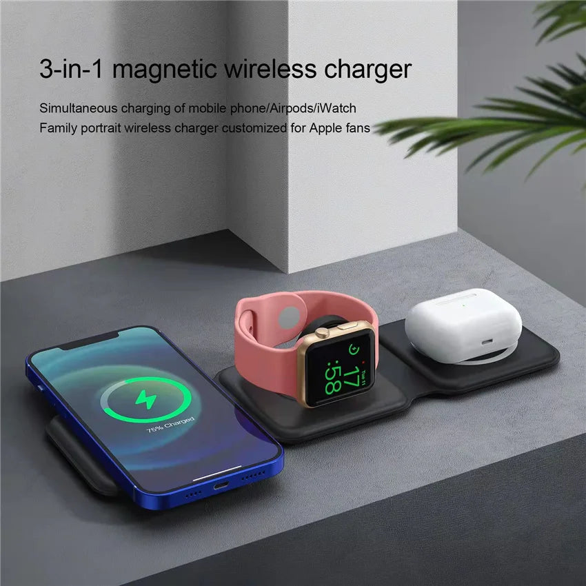 100W 3 in 1 Magnetic Portable Wireless Charger Pad for iPhone 14 13 12 XR Pro Max Apple Watch AirPods Fast Charging Dock Station