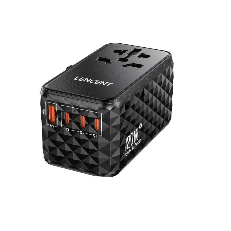 LENCENT 120W GaN Universal Travel Adapter With1 USB-A+3 Type-C All-in-one Adapter Fast Charger EU/UK/USA/AUS Plug for Travel