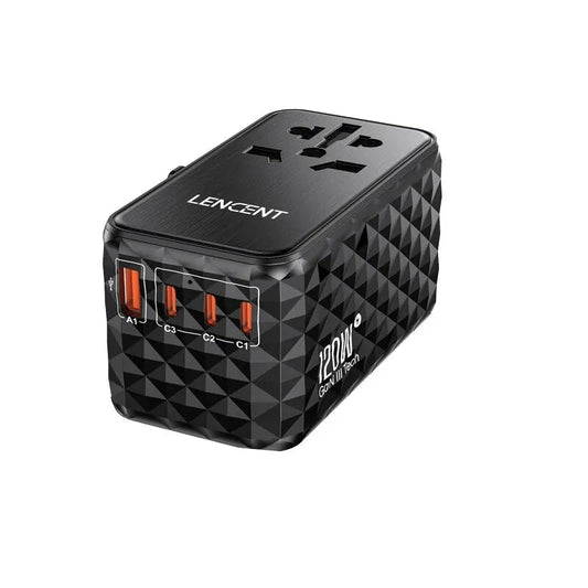 LENCENT 120W GaN Universal Travel Adapter With1 USB-A+3 Type-C All-in-one Adapter Fast Charger EU/UK/USA/AUS Plug for Travel
