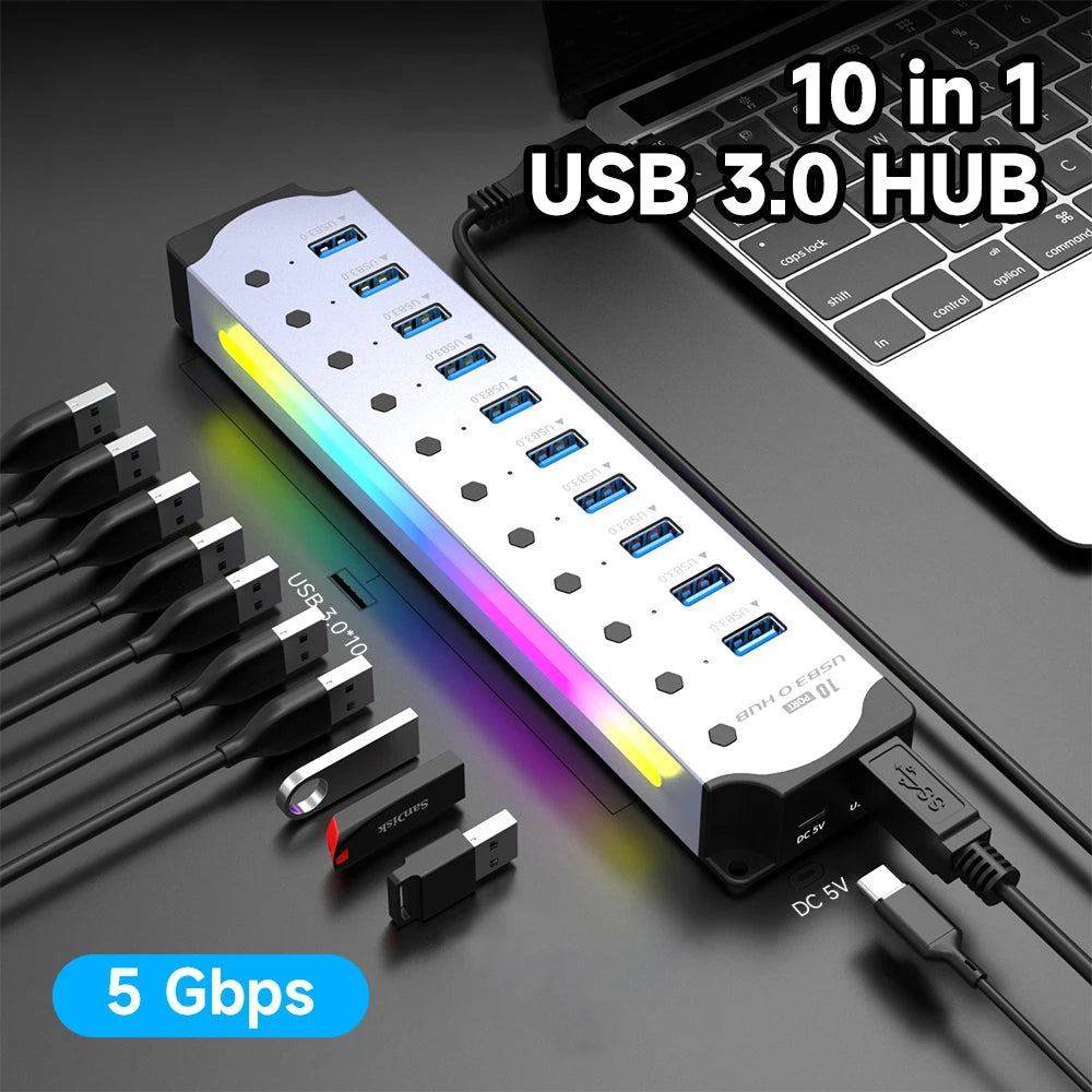10 in 1 Powered USB HUB USB 3.0 Interface Individual Switch RGB E-Marker Heat Dissipation Design DC 5V Power Supply Adapter