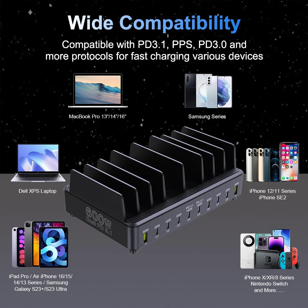 Ueetop 600W Multi USB Fast Charger 10-Port GaN PD 3.1 Charging Station Stand for MacBook iPhone 16 15 iPad Samsung Tablet Laptop