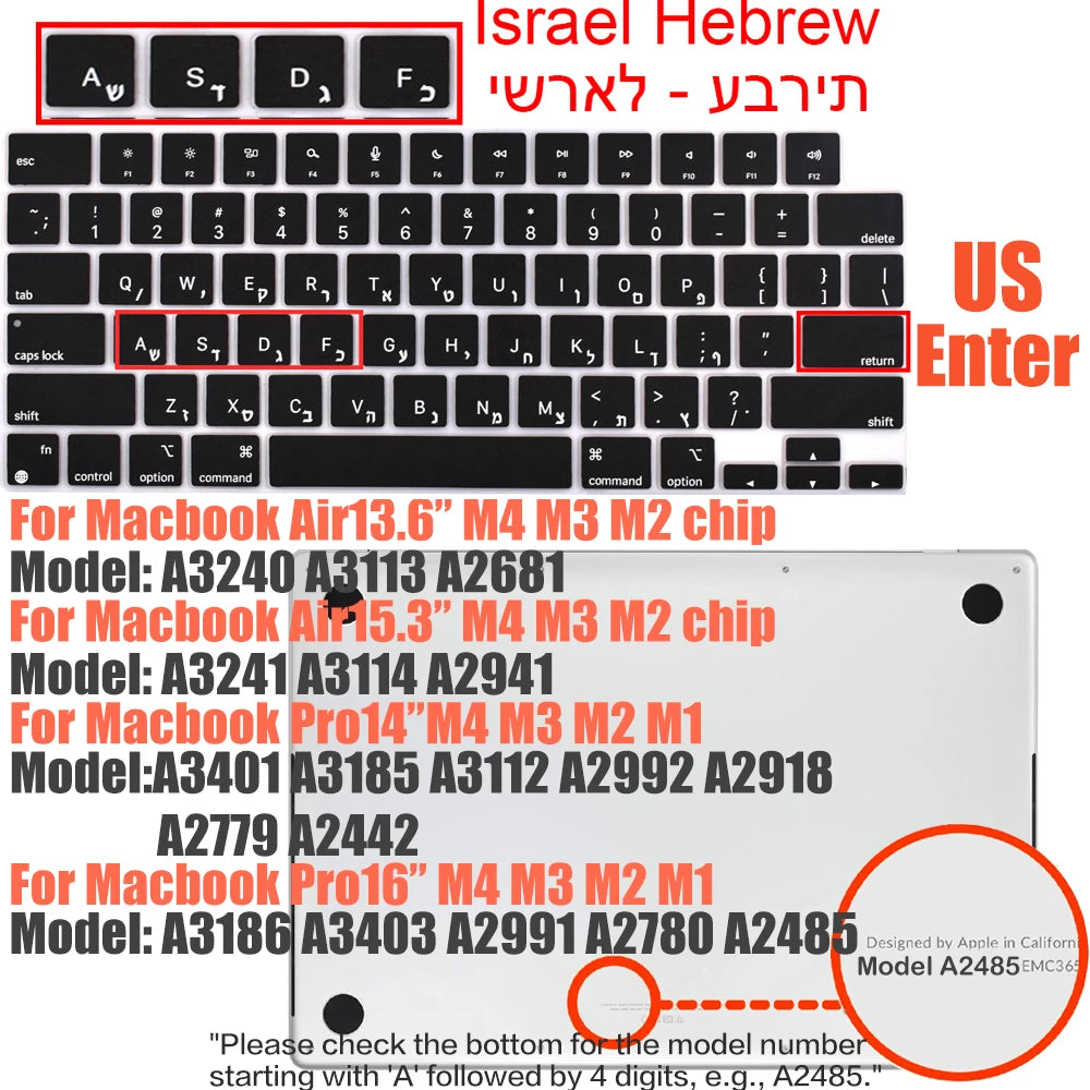 Compatible keyboard cover for 2025 MacBook Air 13.6 M4 A3240 A3113 MacBook Pro14 16 M4 M3 A3185 A3401 A3403 A2991 with touch ID