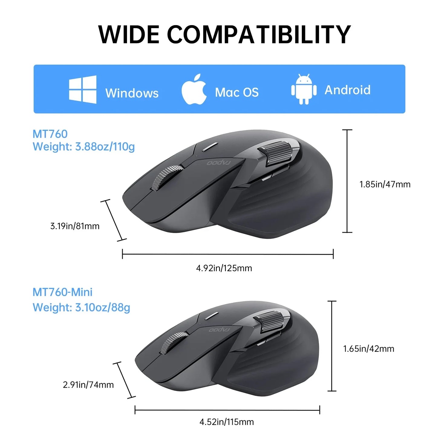 Rapoo MT760L/MT760M Multi-mode Rechargeable Wireless Mouse Ergonomic 4000 DPI Support Up to 4 Devices Bluetooth Mouse